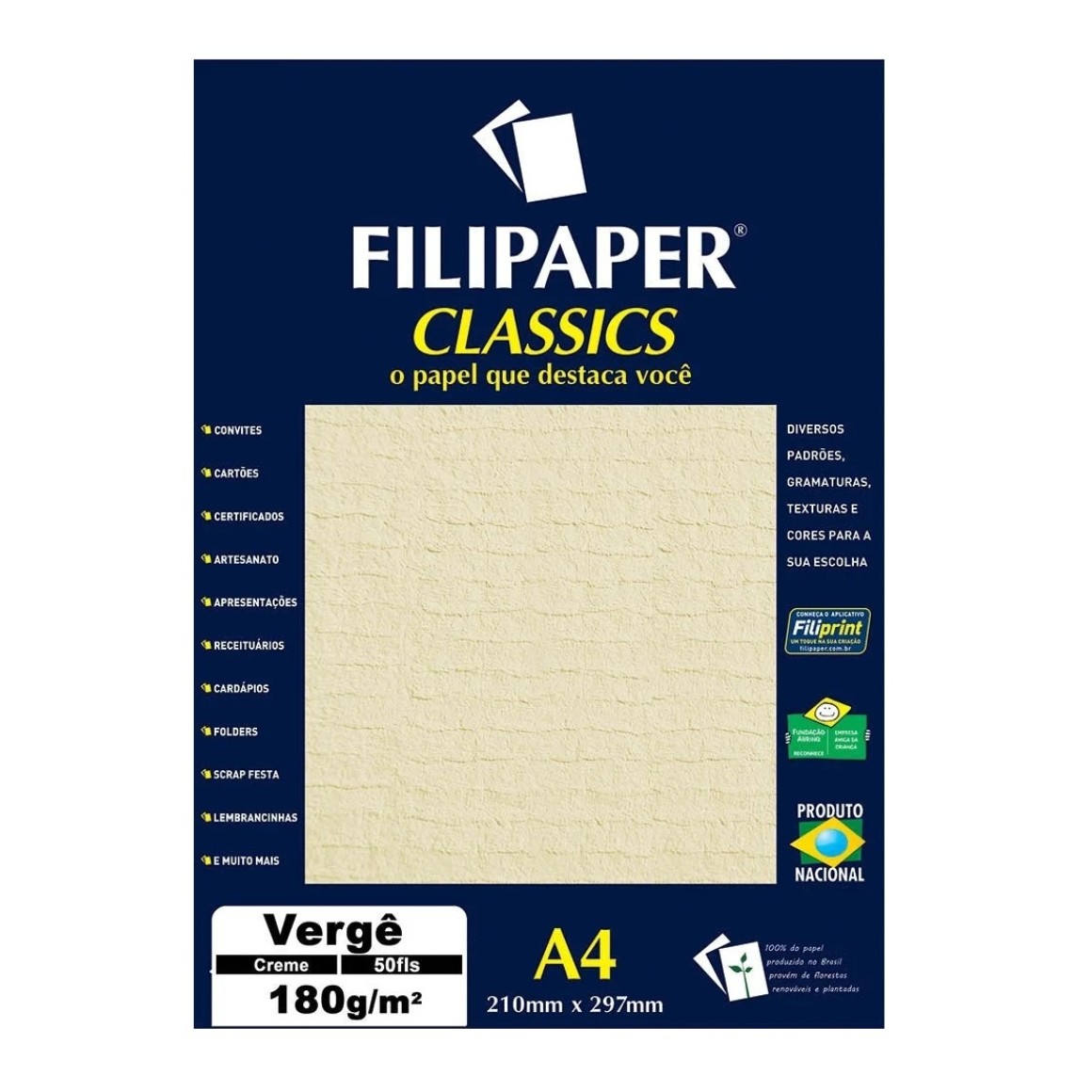 Papel Especial Vergê Creme A4 180gm² 50 Folhas Filipaper 4702